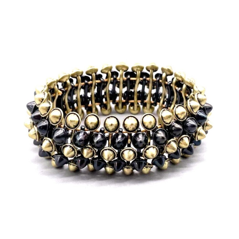 Punk Style Spiked Studded Link Cuff Bangle Stretch Bracelet Two Tone